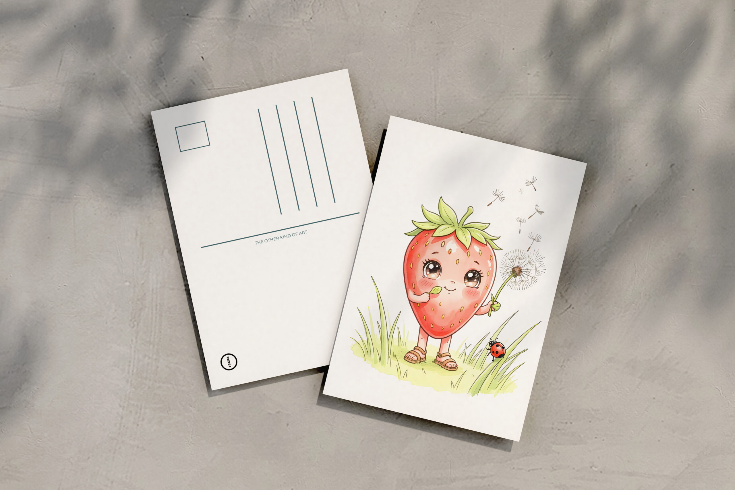 raxxa Postkarte: Strawberry Character Blowing Dandelion Seeds in Sunny Meadow