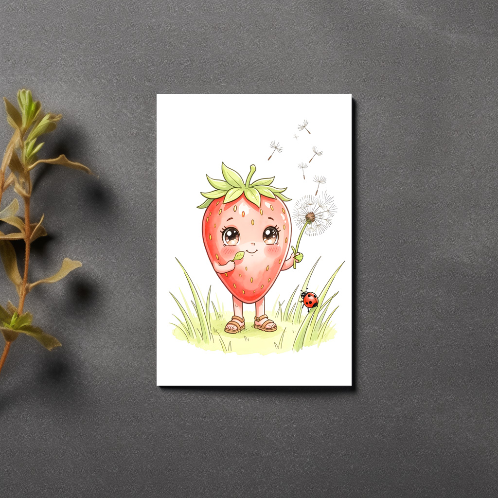 raxxa Postkarte: Strawberry Character Blowing Dandelion Seeds in Sunny Meadow – Bild 2