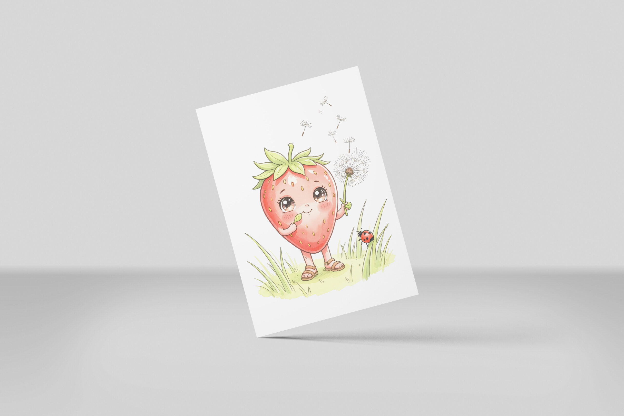 raxxa Postkarte: Strawberry Character Blowing Dandelion Seeds in Sunny Meadow – Bild 3
