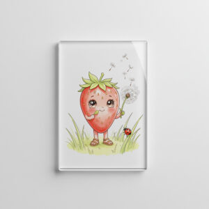 raxxa Glas-Magnet: Strawberry Character Blowing Dandelion Seeds in Sunny Meadow
