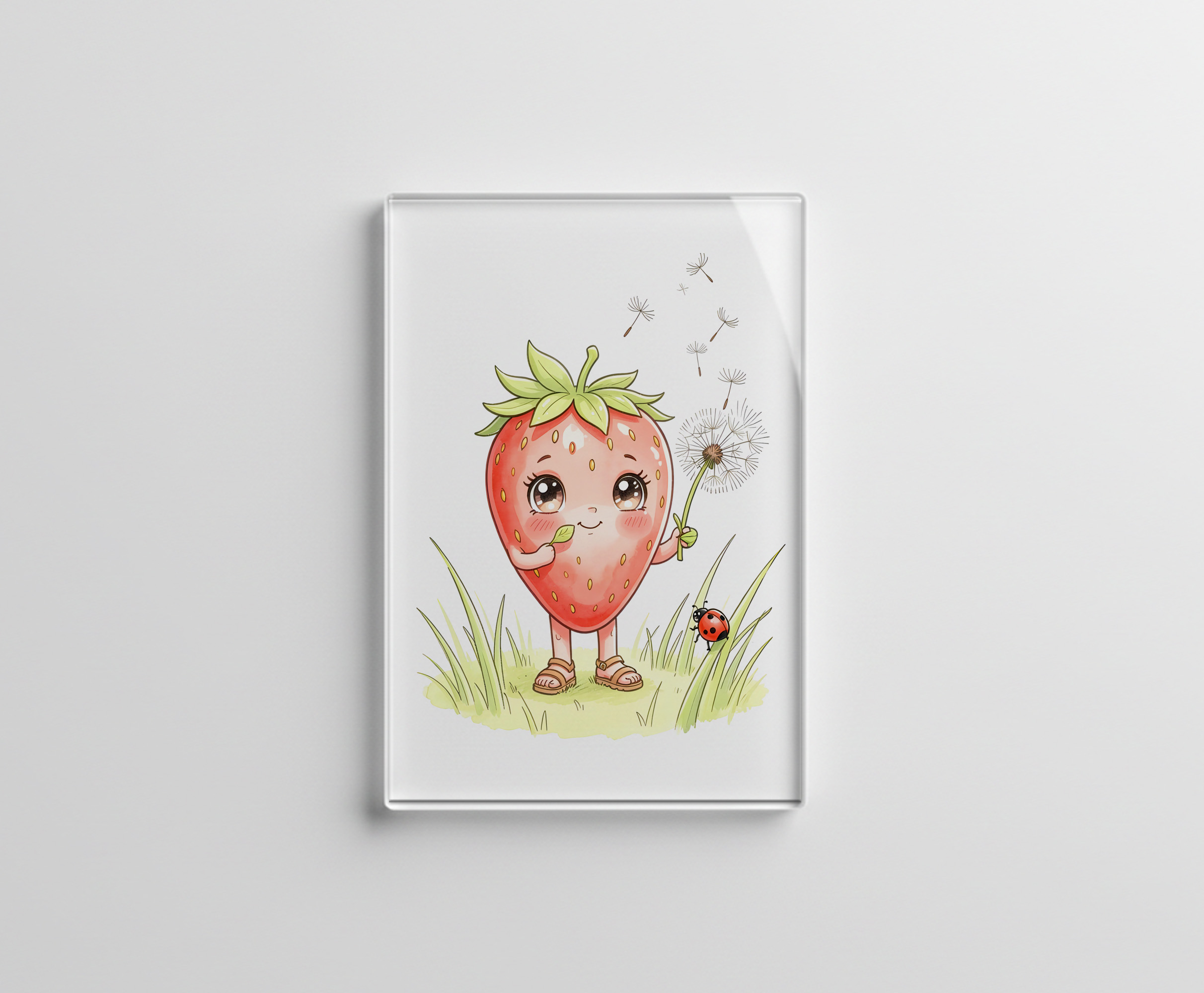 raxxa Glas-Magnet: Strawberry Character Blowing Dandelion Seeds in Sunny Meadow