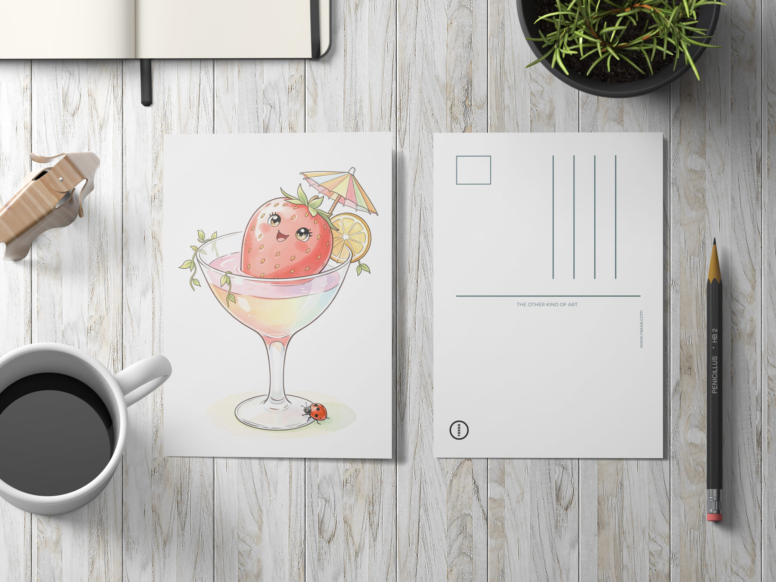 raxxa Postkarte: Cute Strawberry Character Relaxing in a Tropical Cocktail Glass - immagine 2