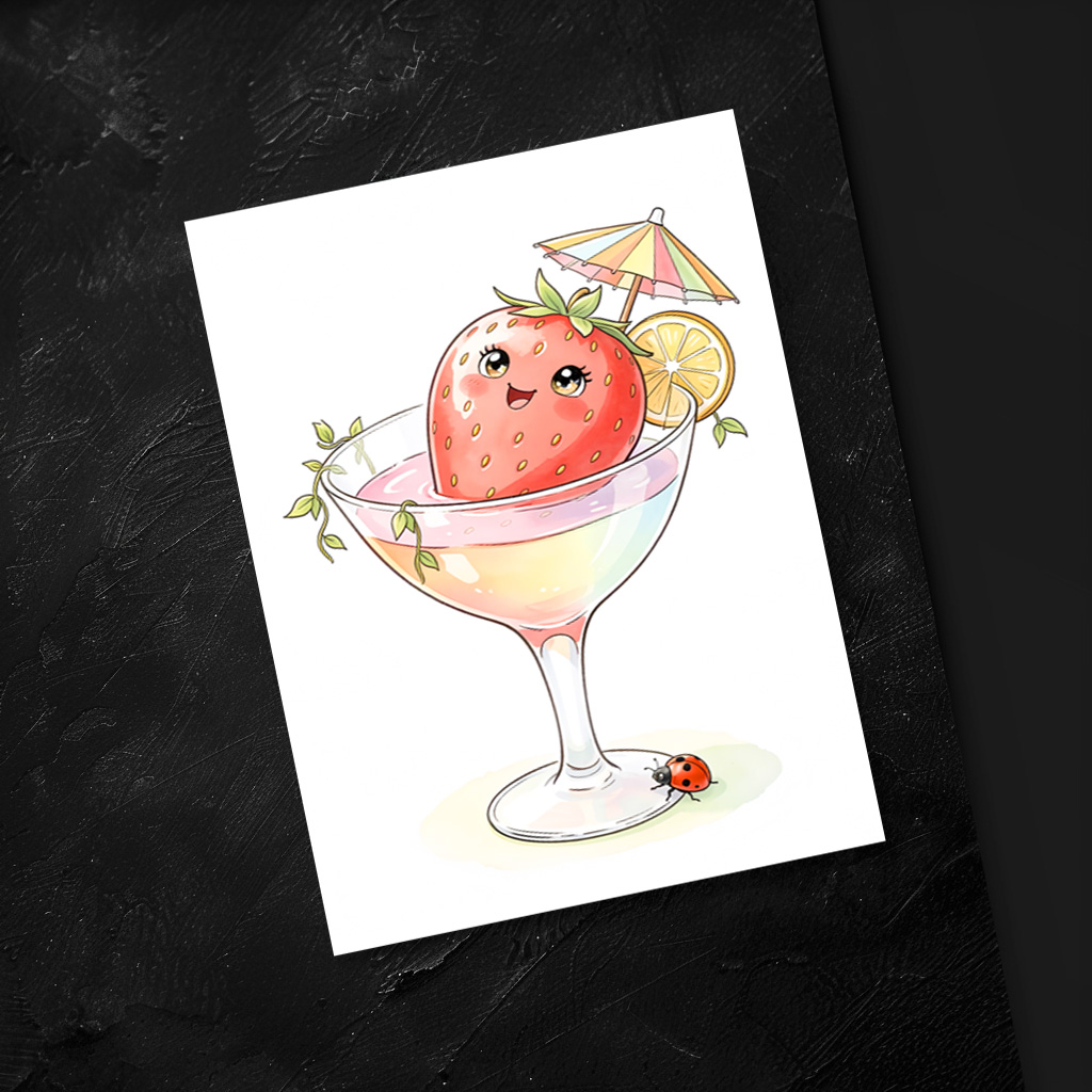 raxxa Postkarte: Cute Strawberry Character Relaxing in a Tropical Cocktail Glass