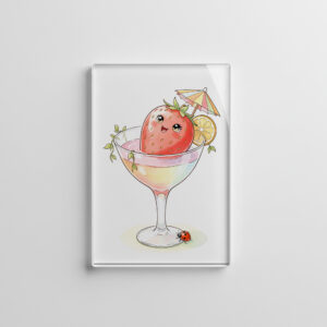 raxxa Glas-Magnet: Cute Strawberry Character Relaxing in a Tropical Cocktail Glass