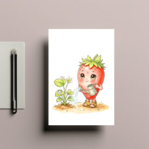 raxxa Postkarte: Strawberry Character Watering Flowers in a Sunny Garden