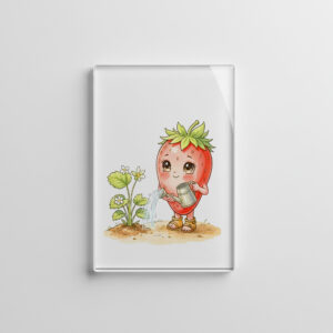 raxxa Glas-Magnet: Strawberry Character Watering Flowers in a Sunny Garden