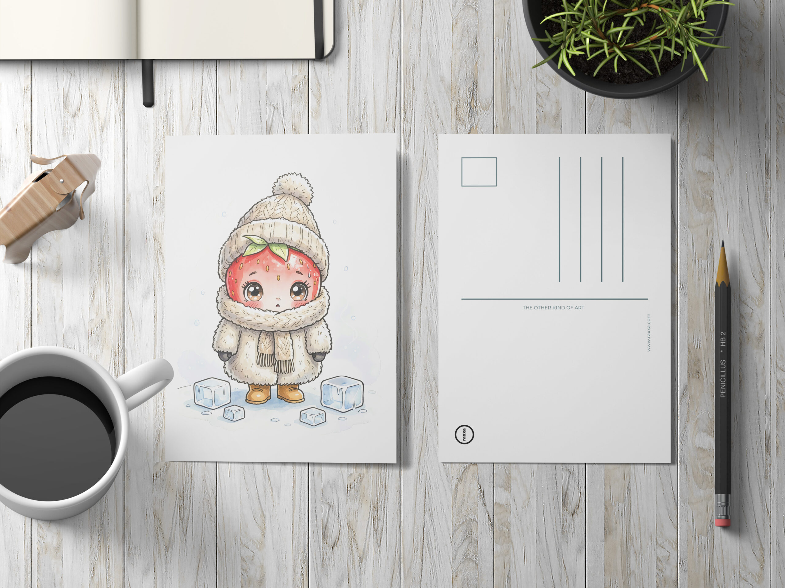 raxxa Postkarte: Winter Strawberry Character with Cozy Clothing and Snowy Scene – Image 3
