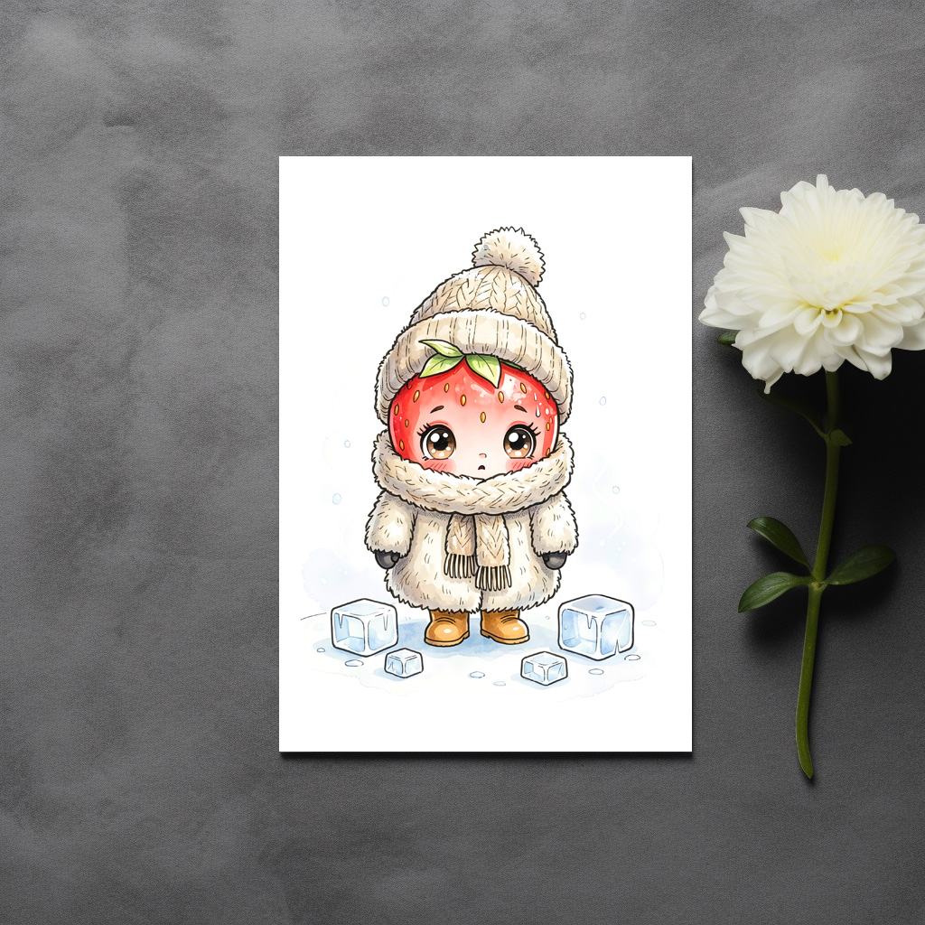 raxxa Postkarte: Winter Strawberry Character with Cozy Clothing and Snowy Scene