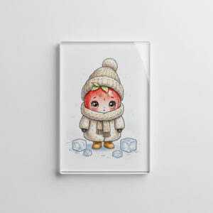 raxxa Glas-Magnet: Winter Strawberry Character with Cozy Clothing and Snowy Scene