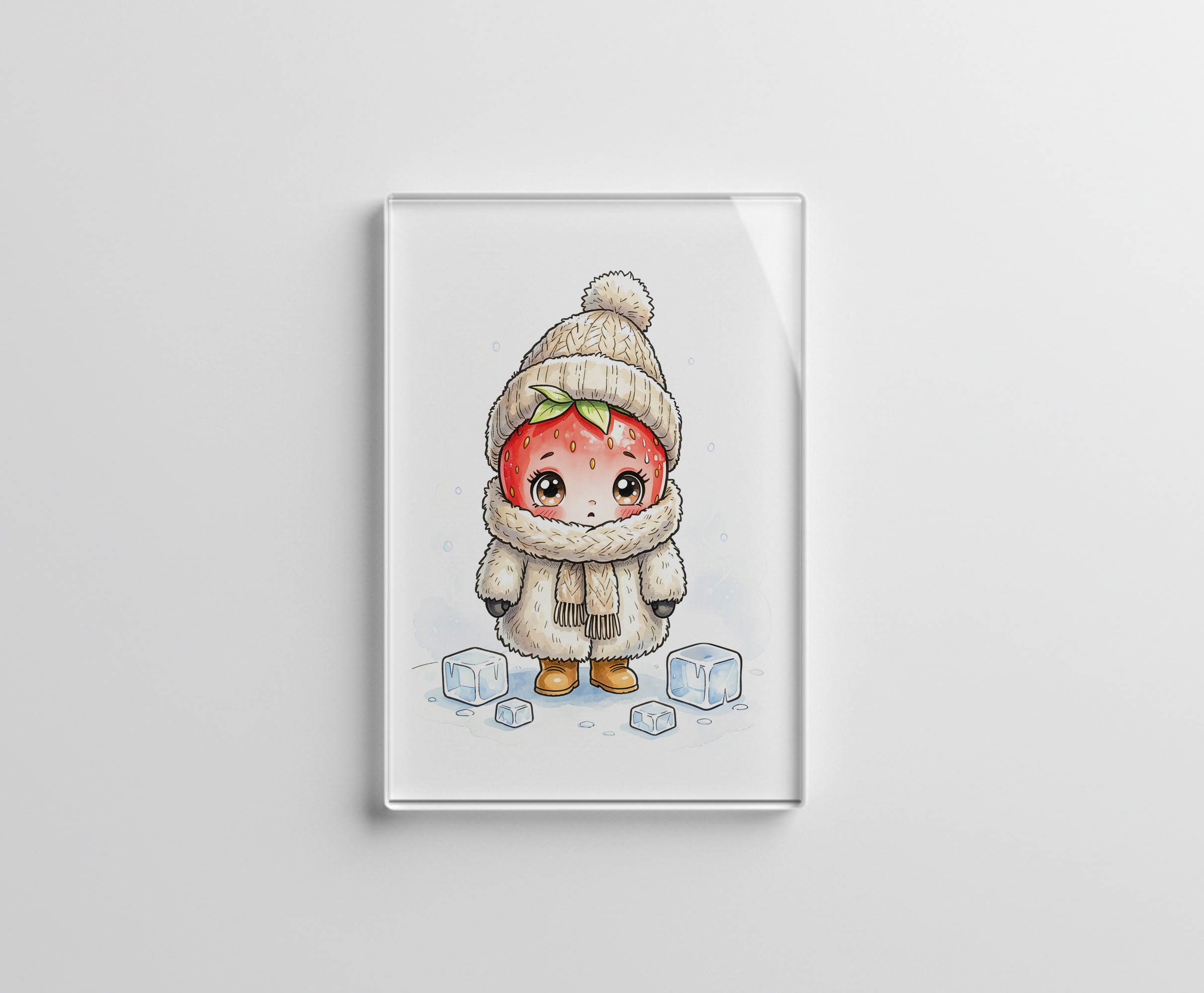 raxxa Glas-Magnet: Winter Strawberry Character with Cozy Clothing and Snowy Scene