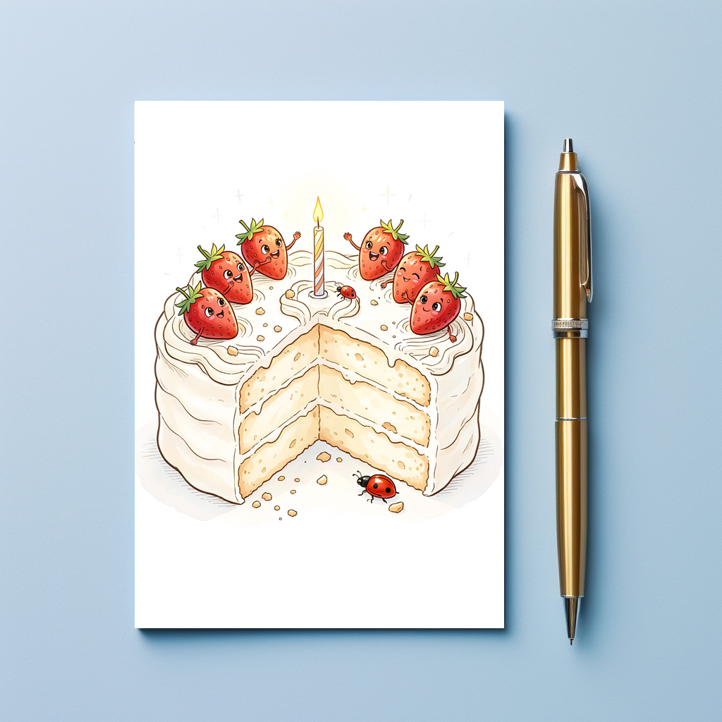 raxxa Postkarte: Whimsical Strawberry Birthday Cake with Cute Character Berries – Bild 2