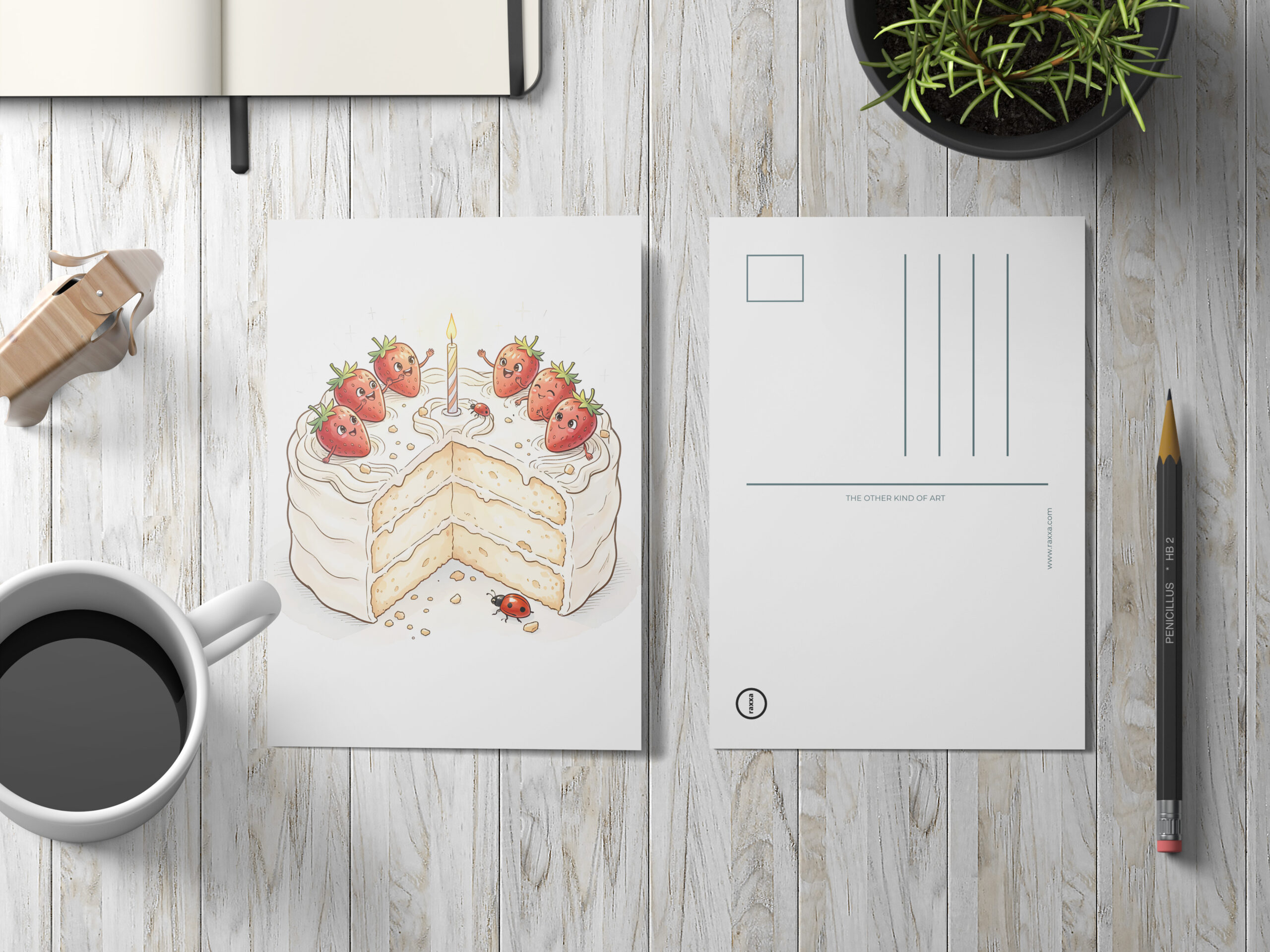 raxxa Postkarte: Whimsical Strawberry Birthday Cake with Cute Character Berries – Bild 3