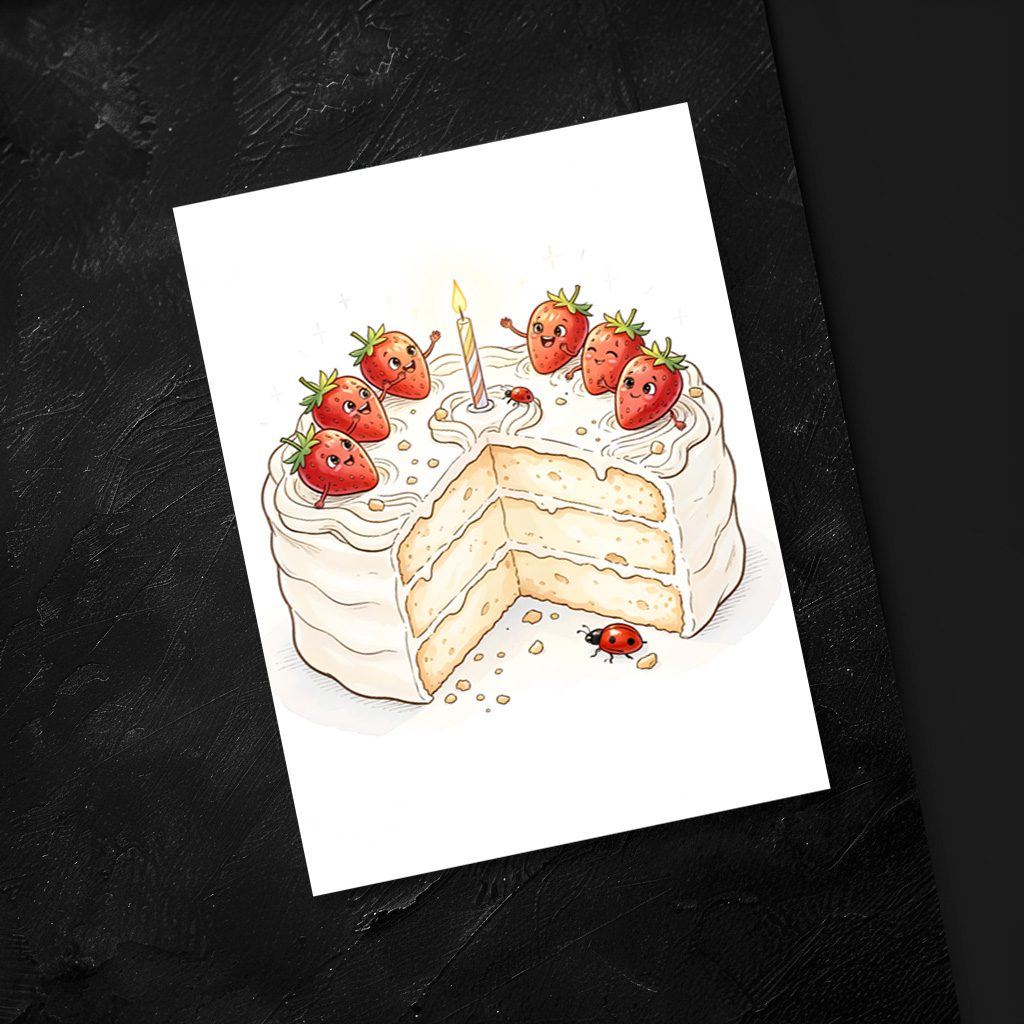 raxxa Postkarte: Whimsical Strawberry Birthday Cake with Cute Character Berries
