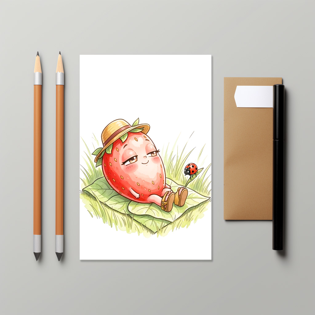 raxxa Postkarte: Summer Strawberry Character Relaxing on Leaf with Ladybug