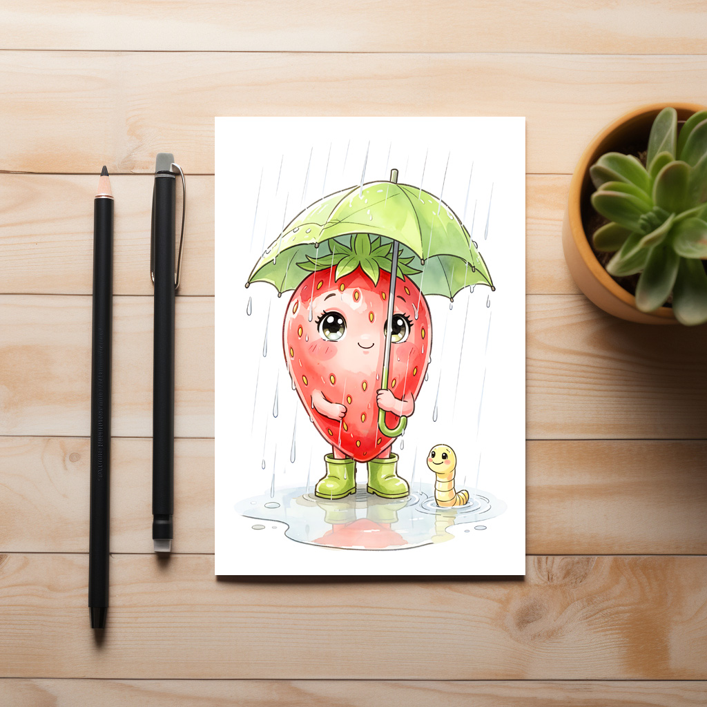 raxxa Postkarte: Strawberry Character in Rain with Leaf Umbrella – Image 2