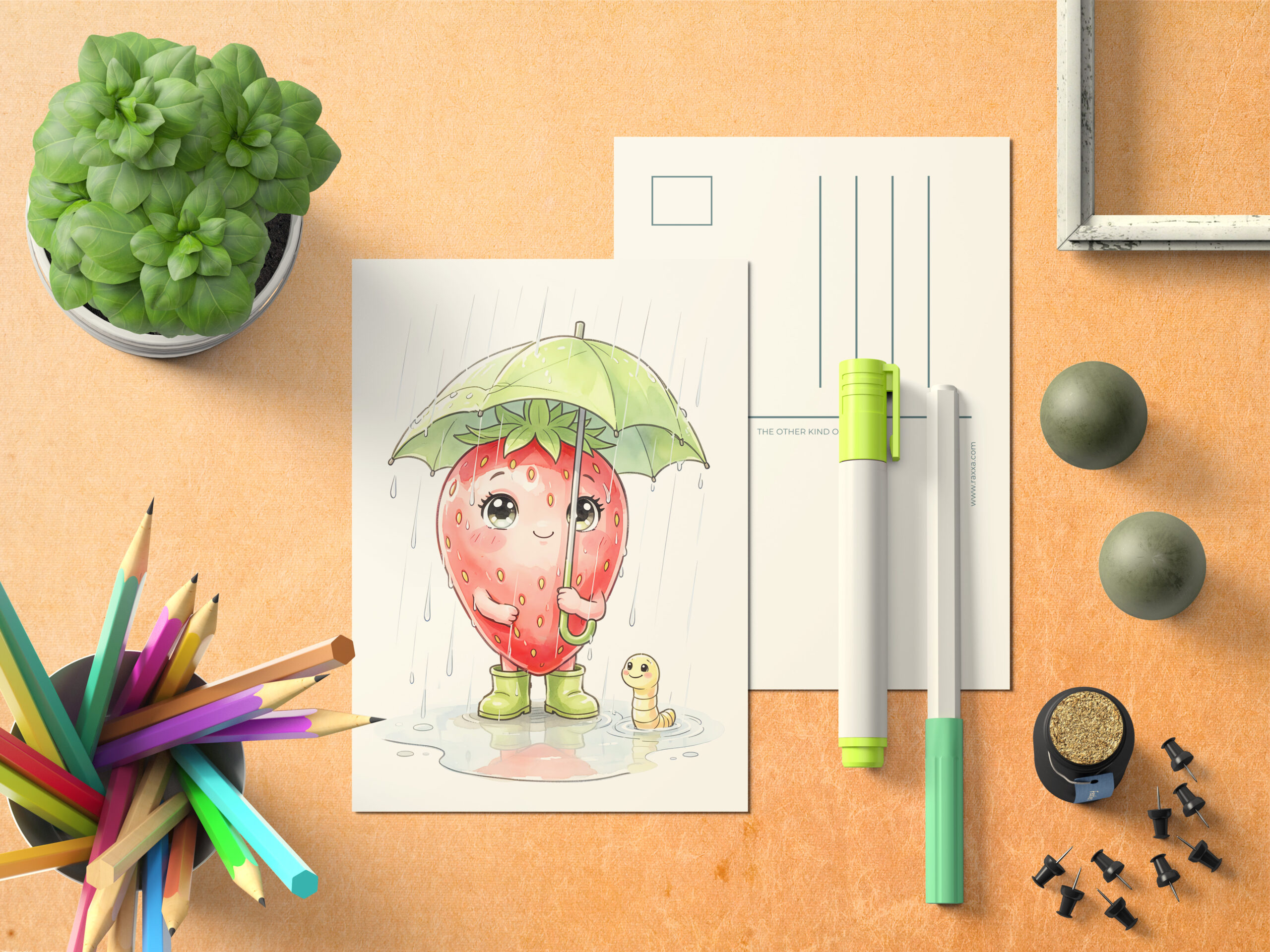 raxxa Postkarte: Strawberry Character in Rain with Leaf Umbrella – Image 3