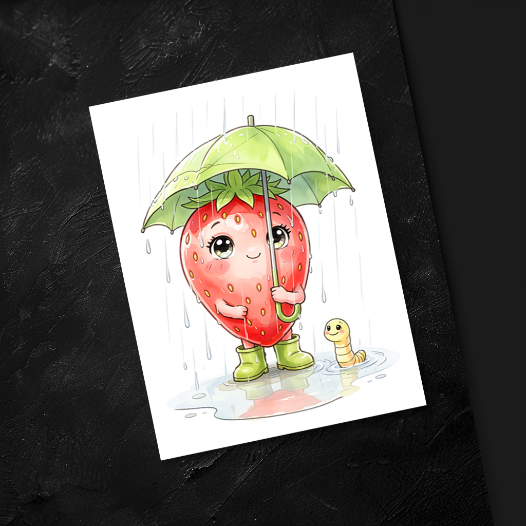 raxxa Postkarte: Strawberry Character in Rain with Leaf Umbrella