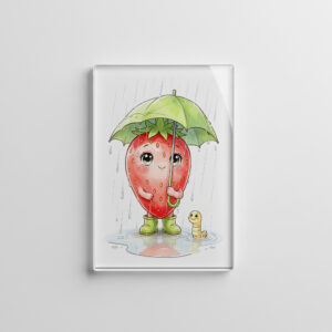 raxxa Glas-Magnet: Strawberry Character in Rain with Leaf Umbrella