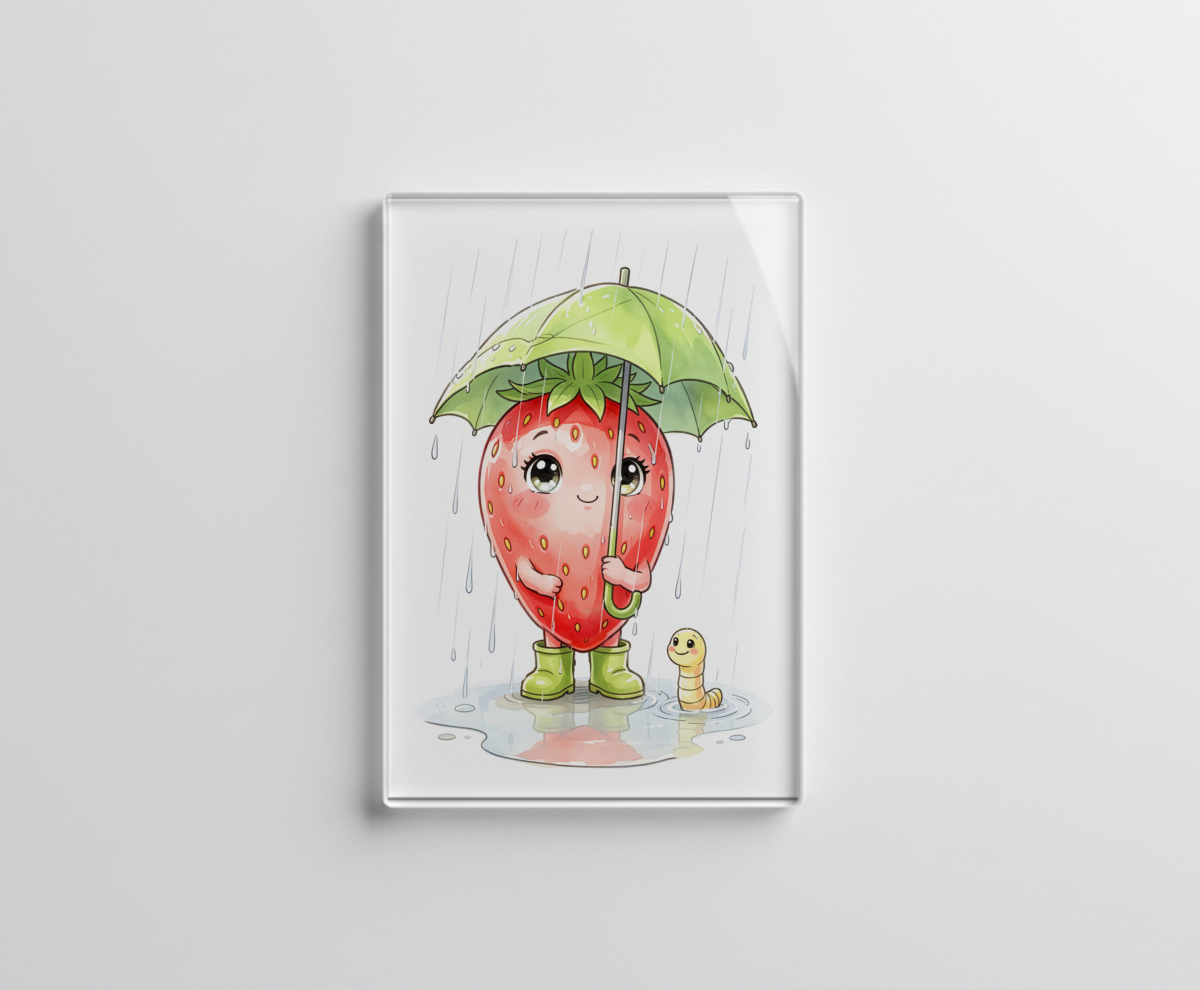 raxxa Glas-Magnet: Strawberry Character in Rain with Leaf Umbrella