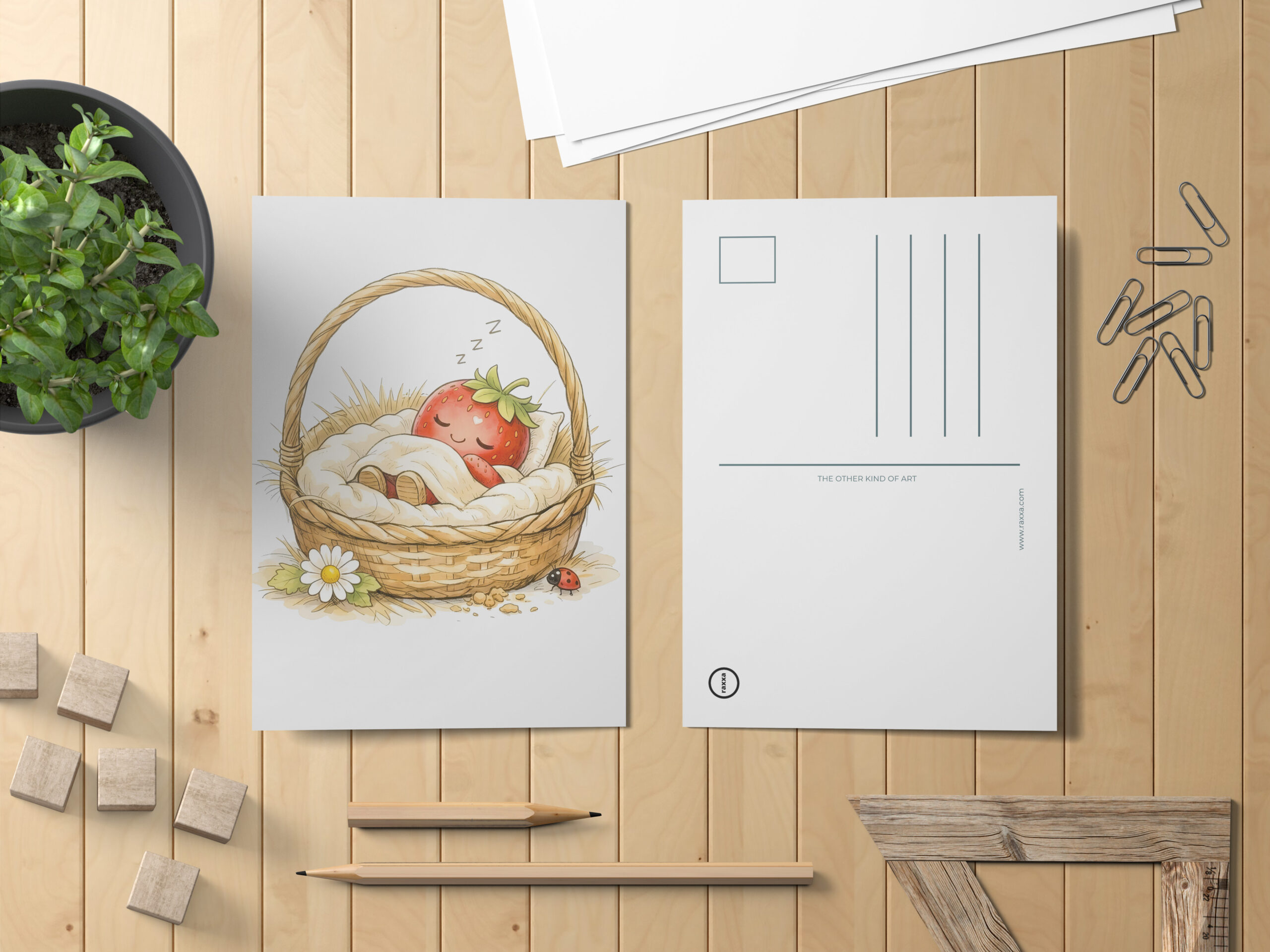 raxxa Postkarte: Sleeping Strawberry Character Resting in Cozy Basket – Bild 2