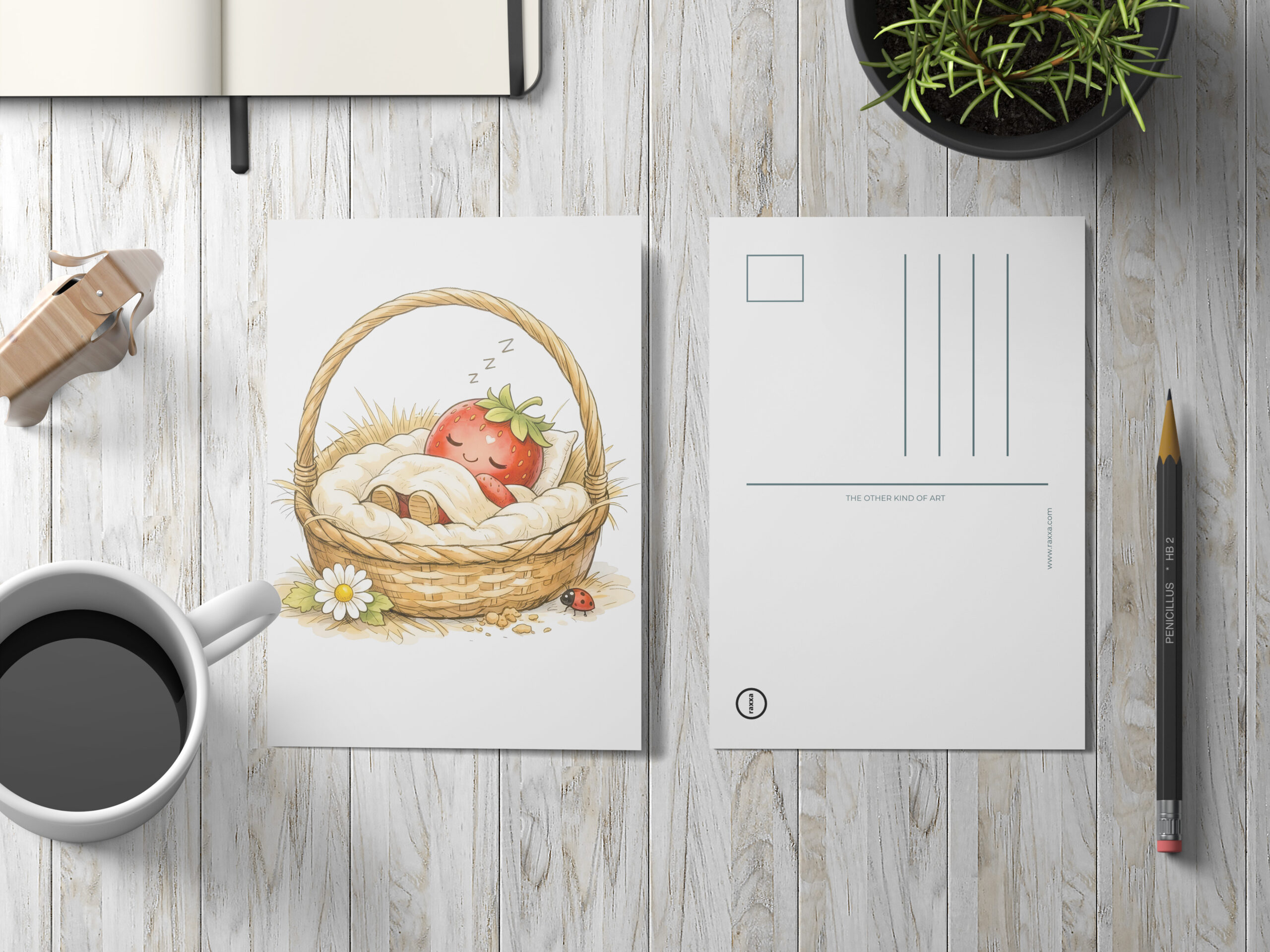 raxxa Postkarte: Sleeping Strawberry Character Resting in Cozy Basket – Bild 3