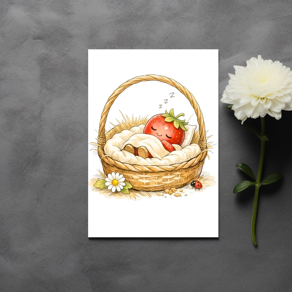 raxxa Postkarte: Sleeping Strawberry Character Resting in Cozy Basket