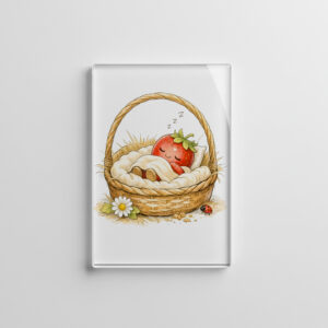 raxxa Glas-Magnet: Sleeping Strawberry Character Resting in Cozy Basket