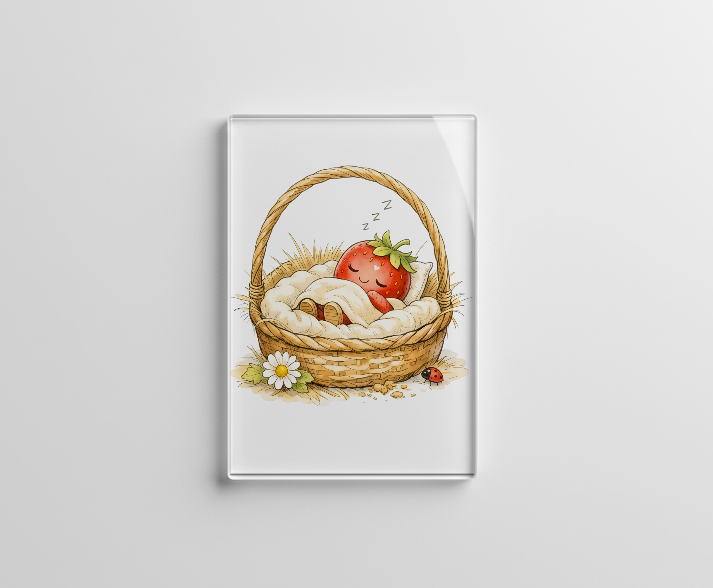 raxxa Glas-Magnet: Sleeping Strawberry Character Resting in Cozy Basket
