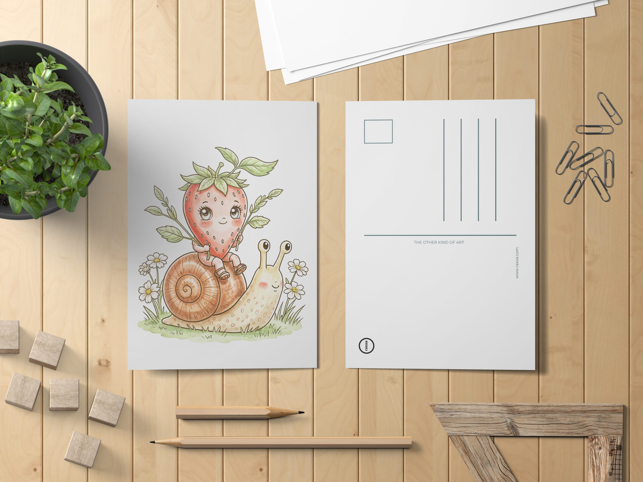 raxxa Postkarte: Cute Strawberry Character Riding a Snail in a Whimsical Garden – Bild 2