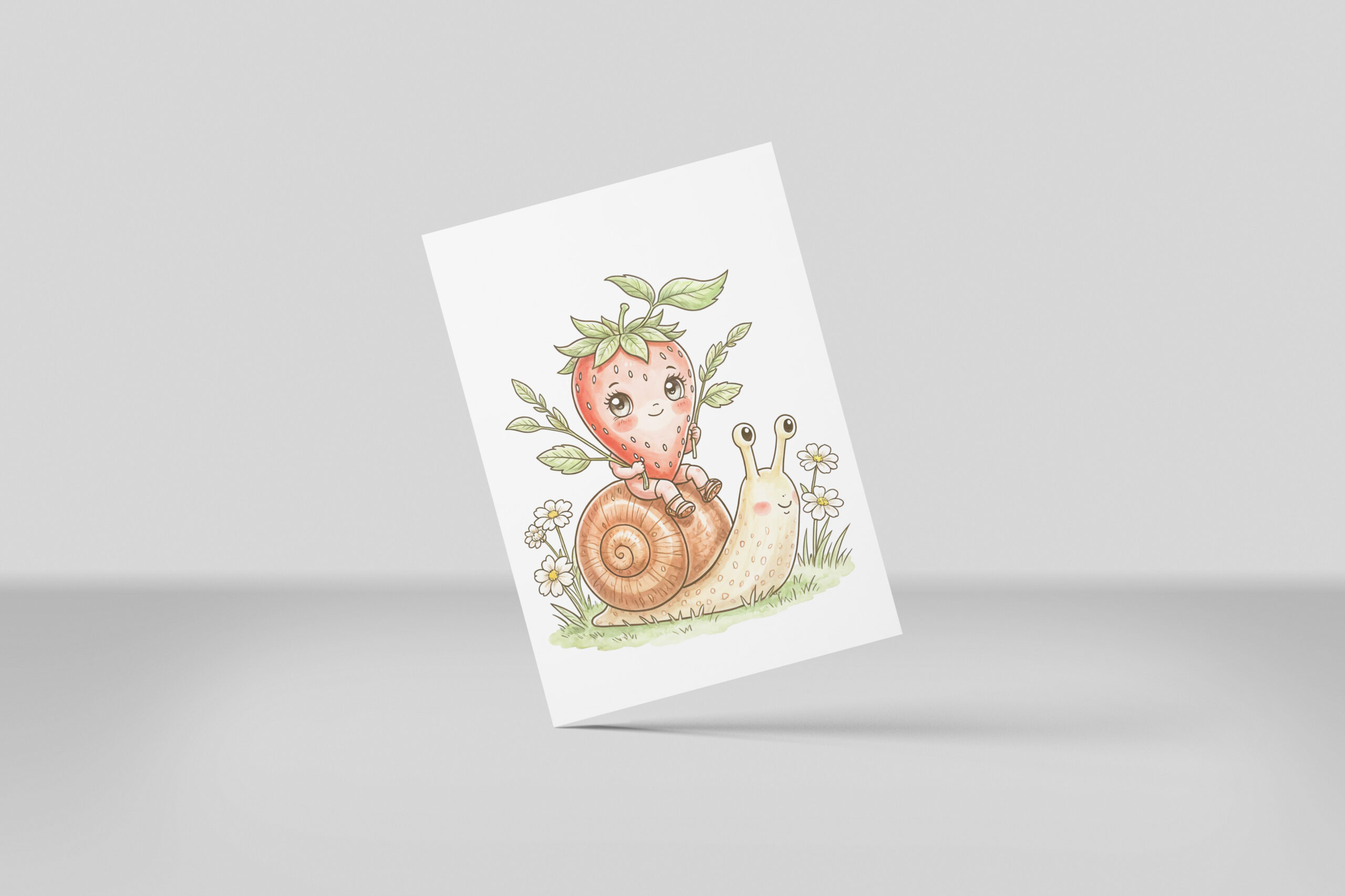 raxxa Postkarte: Cute Strawberry Character Riding a Snail in a Whimsical Garden – Bild 3