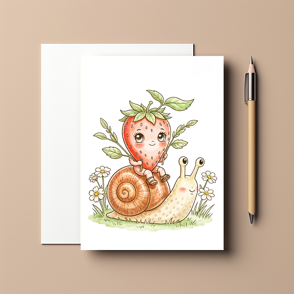 raxxa Postkarte: Cute Strawberry Character Riding a Snail in a Whimsical Garden