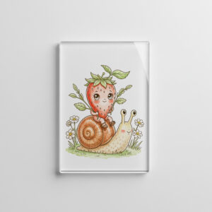 raxxa Glas-Magnet: Cute Strawberry Character Riding a Snail in a Whimsical Garden