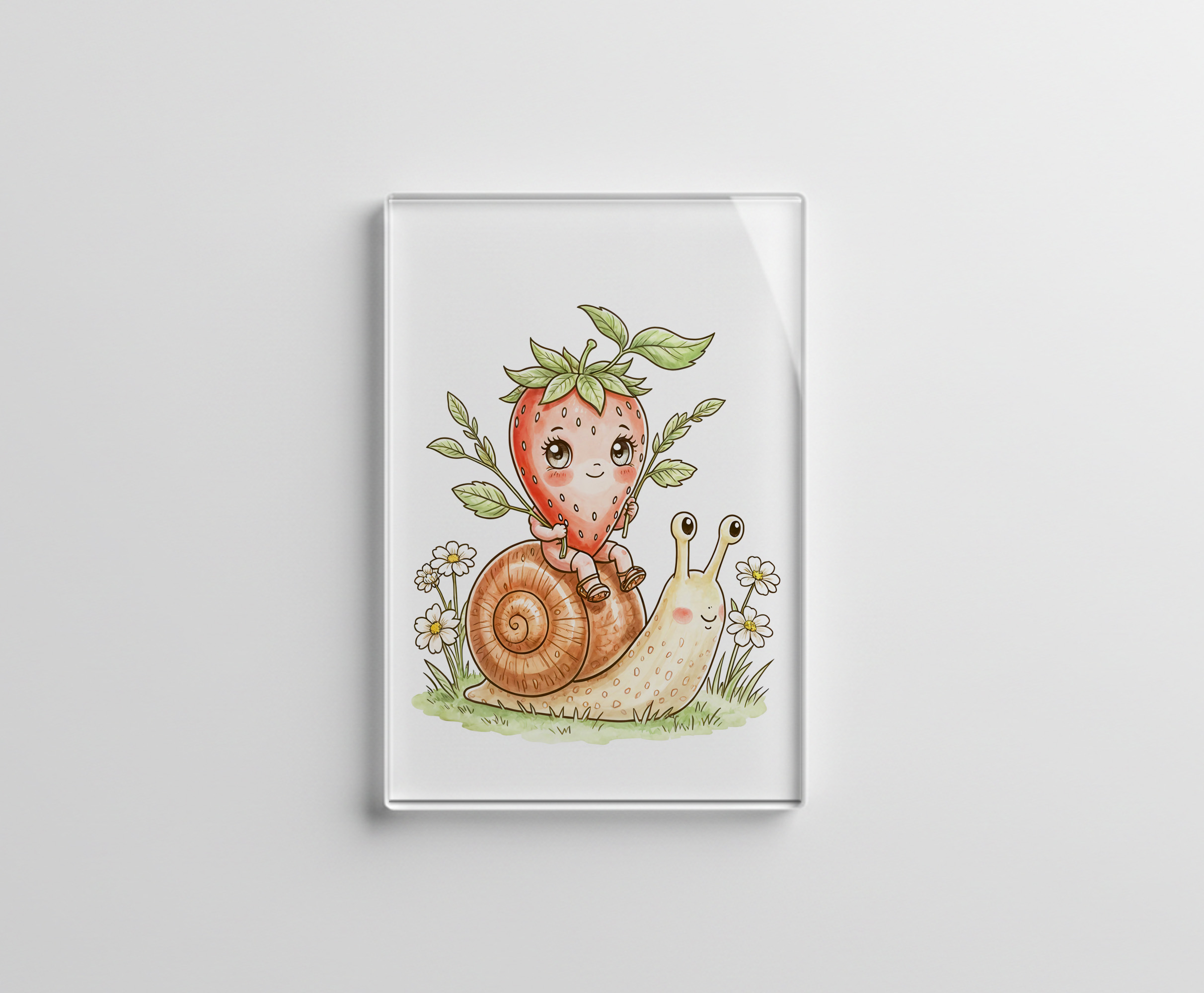 raxxa Glas-Magnet: Cute Strawberry Character Riding a Snail in a Whimsical Garden