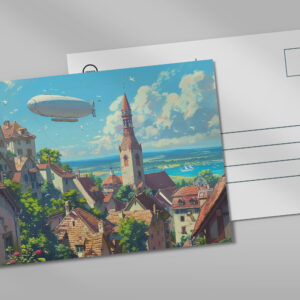 raxxa Postkarte: Luftschiff über der Küstenstadt - Anime Stil