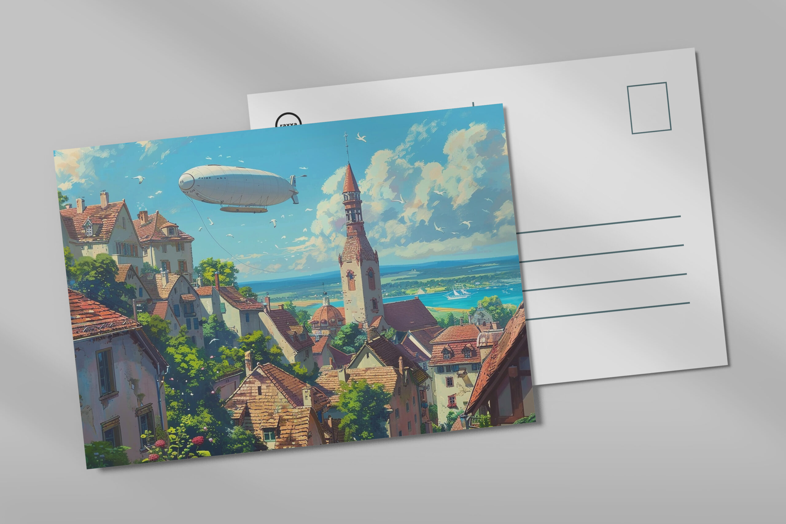 raxxa Postkarte: Luftschiff über der Küstenstadt - Anime Stil
