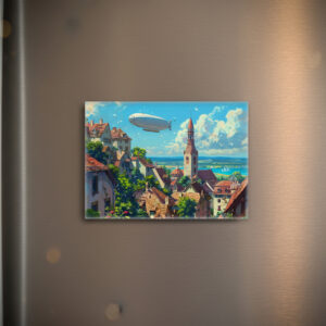 raxxa Glas-Magnet: Luftschiff über der Küstenstadt - Anime Stil