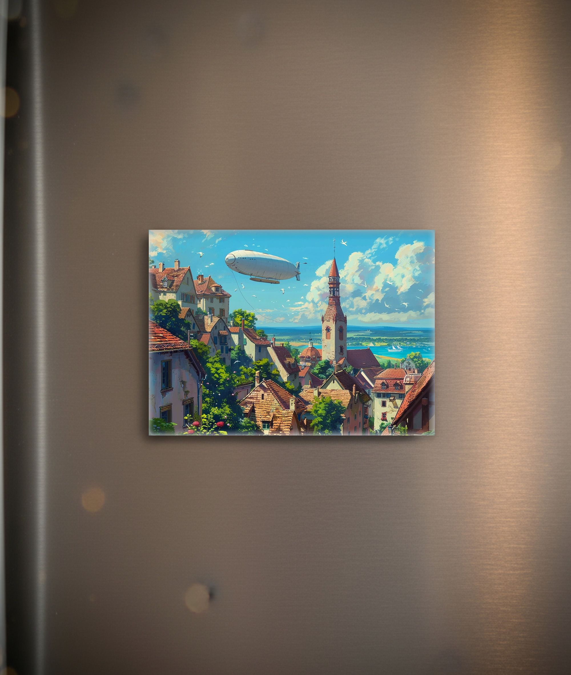 raxxa Glas-Magnet: Luftschiff über der Küstenstadt - Anime Stil