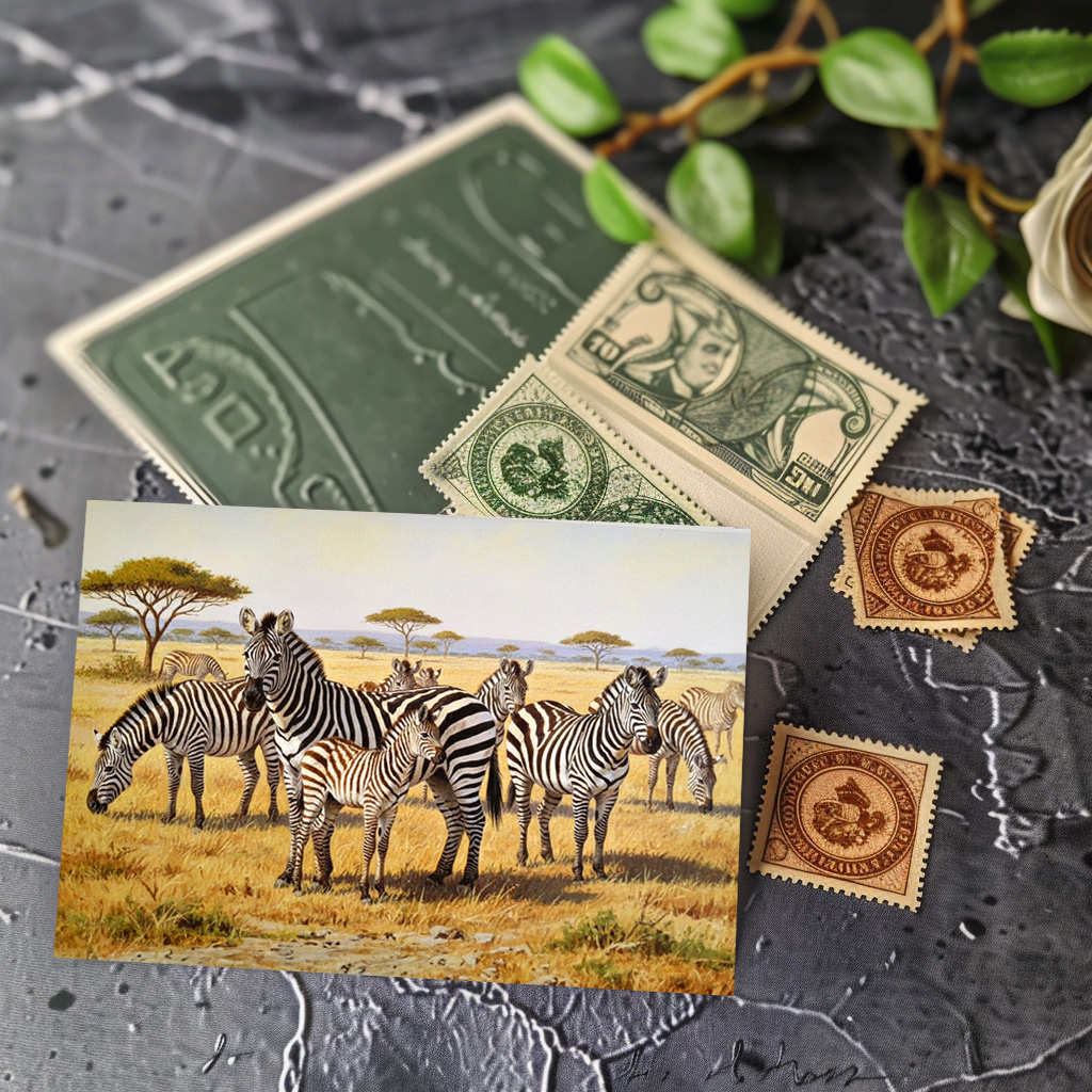 raxxa Postkarte: Zebraherde mit Jungtier in Afrika