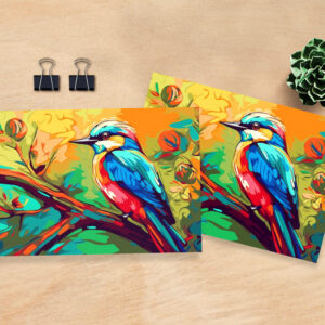 raxxa Postkarte: Farbenfroher Singvogel auf einem Ast