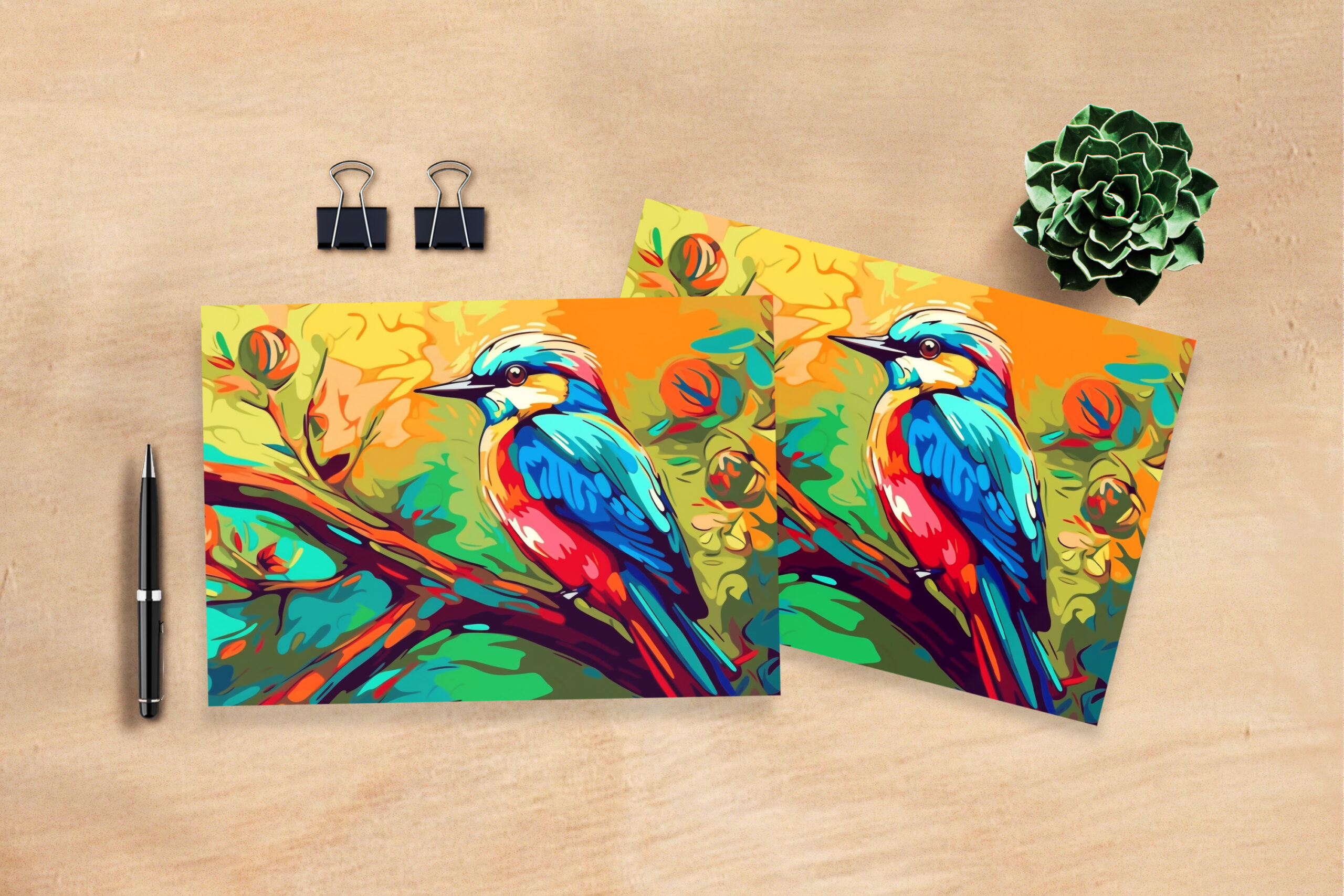 raxxa Postkarte: Farbenfroher Singvogel auf einem Ast