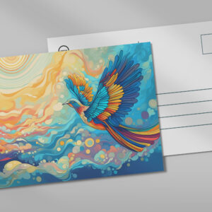 raxxa Postkarte: Farbenfroher Vogel auf dem Flug in die Wolken