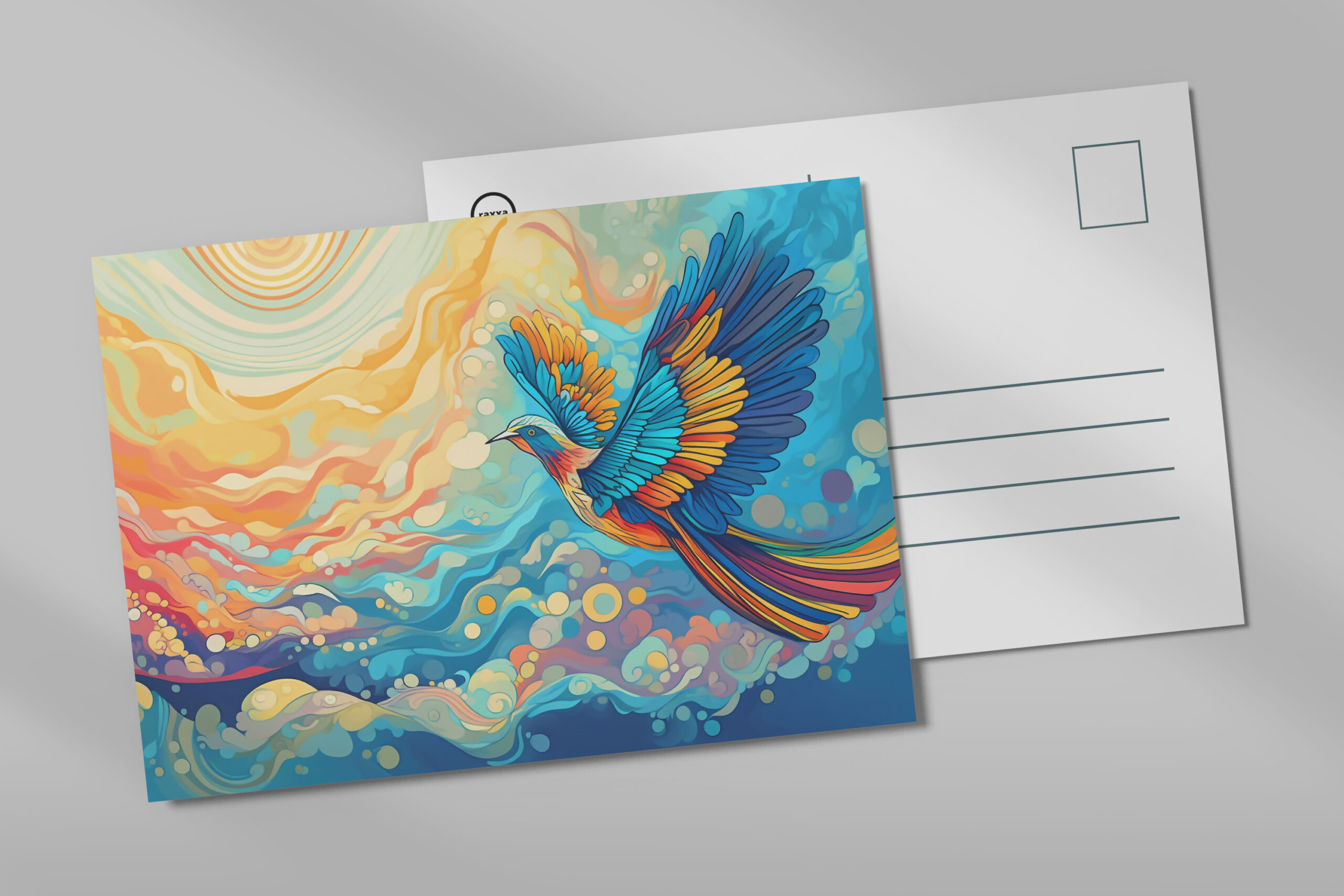 raxxa Postkarte: Farbenfroher Vogel auf dem Flug in die Wolken