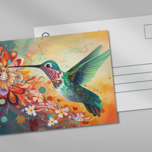 raxxa Postkarte: Farbenfroher Kolibri an Blüten