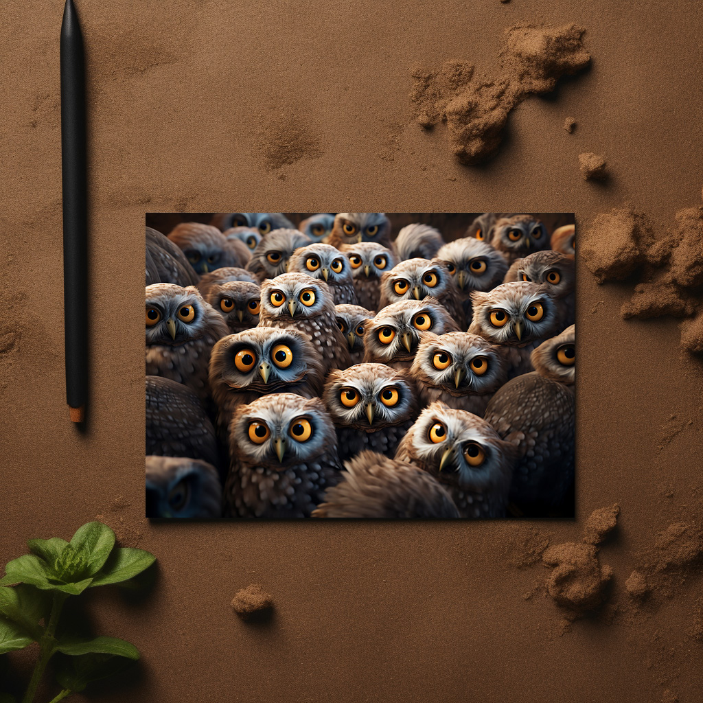 raxxa Postkarte: Gruppenbild mit fröhlichen Eulen