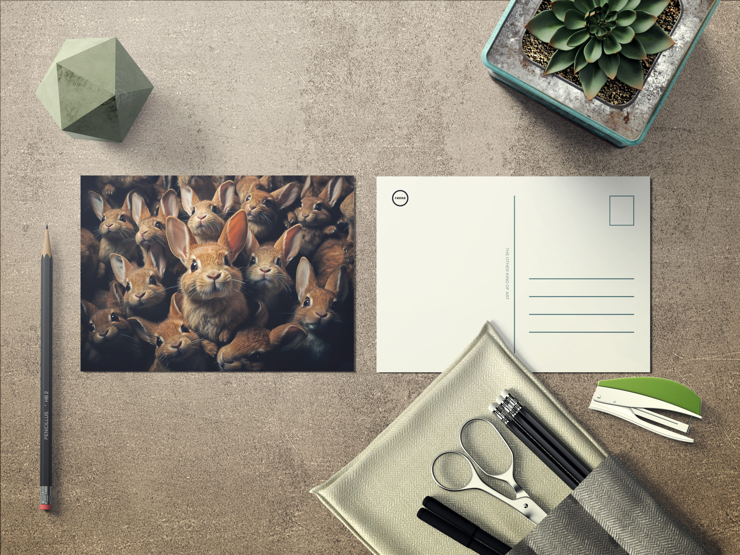 raxxa Postkarte: Gruppenbild mit neugierigen Kaninchen