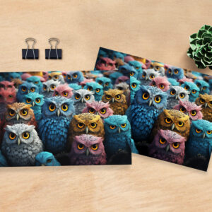 raxxa Postkarte: Gruppenbild mit farbenfrohen Eulen
