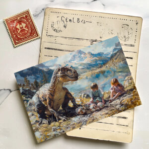 raxxa Postkarte: Dinosaurier mit Kindern und seinem Gelege
