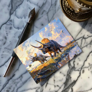 raxxa Postkarte: Triceratops Dinosaurier mit Menschen unterwegs