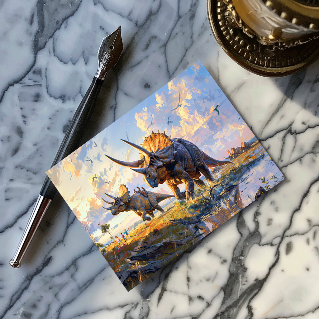 raxxa Postkarte: Triceratops Dinosaurier mit Menschen unterwegs