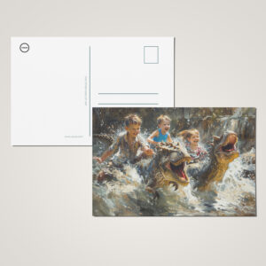 raxxa Postkarte: Kinder und Dinosaurier spielen im Wasser
